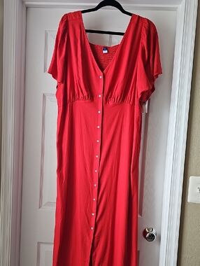 Old Navy Red Button-Front Maxi Dress with V-Neck